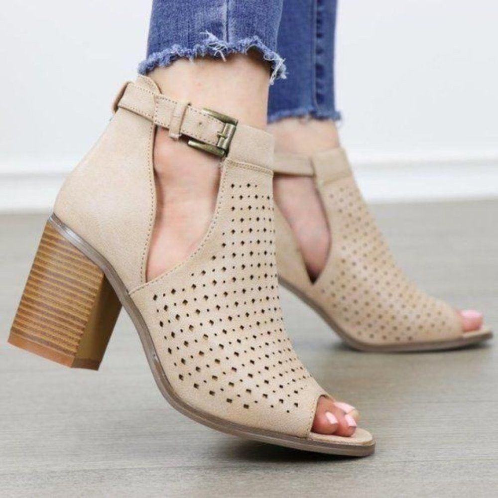 Perforated Taupe Peep-Toe Block Heel Booties - Picture 5 of 8